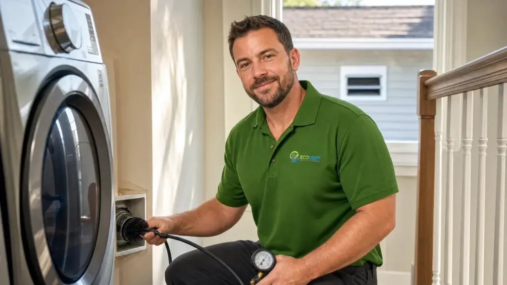 HVAC technician performing dryer vent cleaning and inspection with pressure gauge.