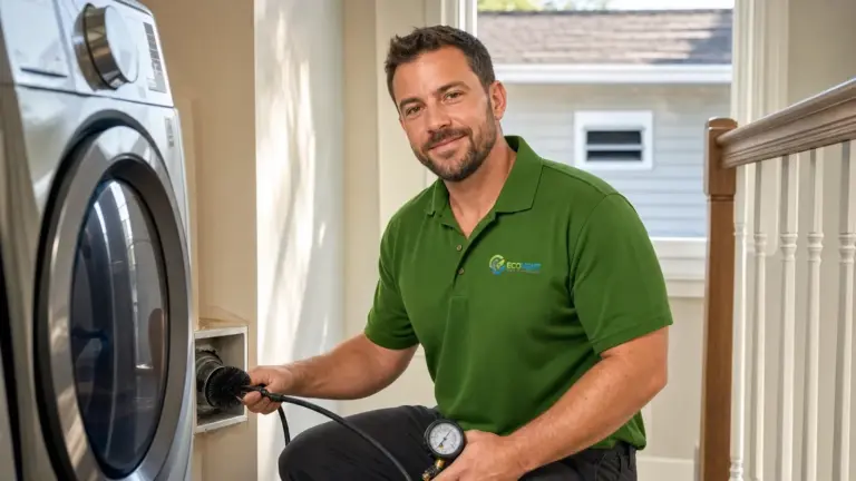 HVAC technician performing dryer vent cleaning and inspection with pressure gauge.