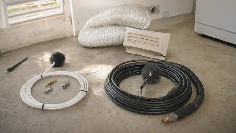 HVAC ductwork, flexible piping, and cleaning tools arranged on concrete floor during installation.