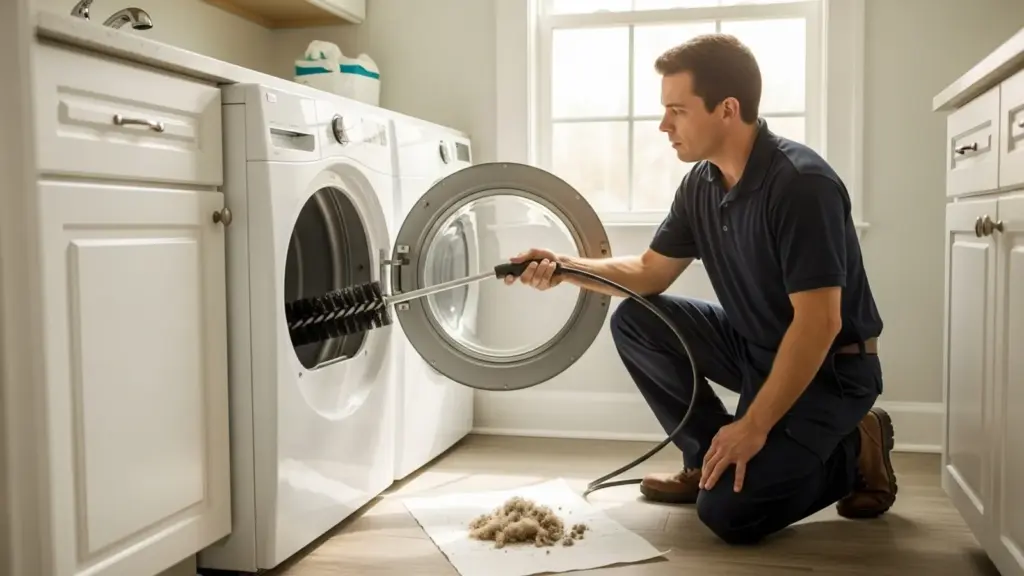 Technician cleaning dryer vent with brush tool in modern laundry room.
