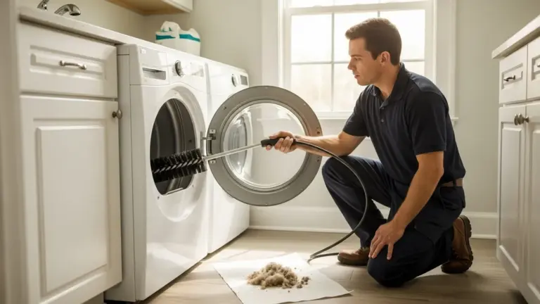 Technician cleaning dryer vent with brush tool in modern laundry room.