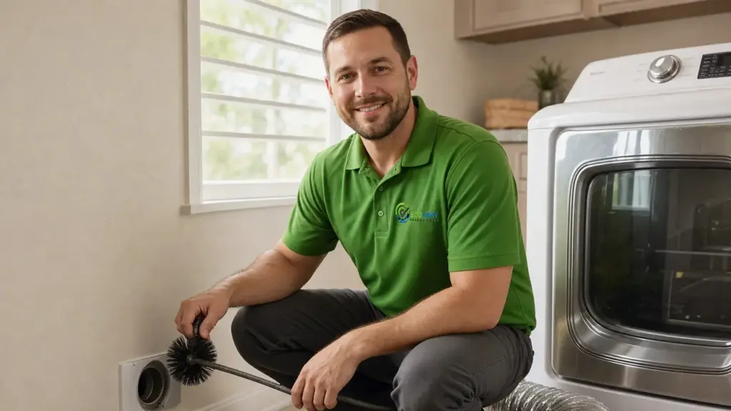 Professional technician with dryer vent cleaning brush in laundry room.