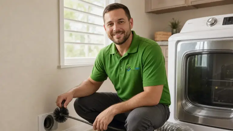 Professional technician with dryer vent cleaning brush in laundry room.