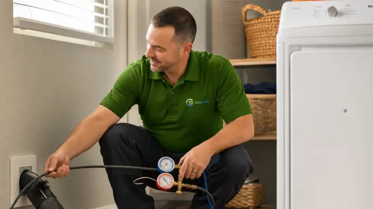 HVAC technician inspects refrigerant levels using diagnostic gauges in residential laundry room.