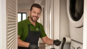 Technician in green uniform services residential HVAC system with professional expertise.