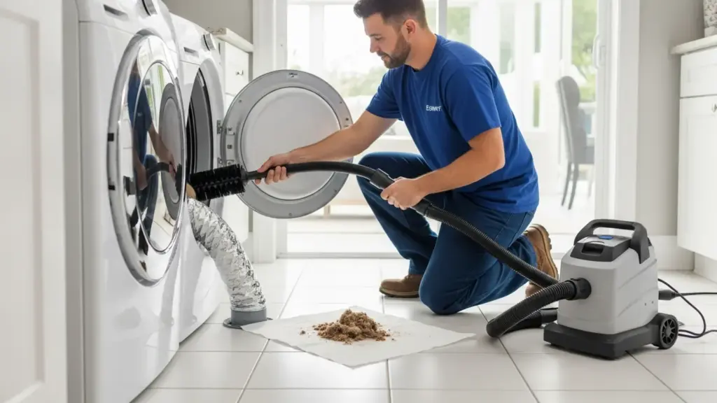Technician cleaning dryer vent with professional equipment and vacuum system.