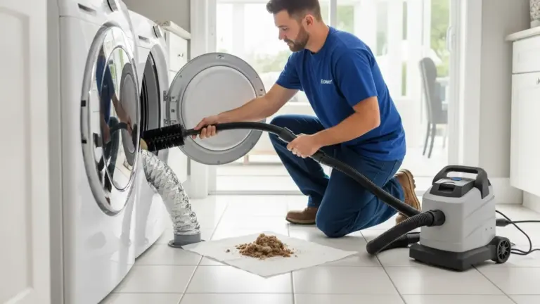 Technician cleaning dryer vent with professional equipment and vacuum system.