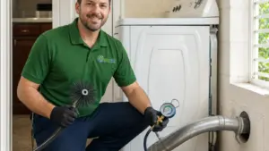 HVAC technician holds diagnostic tools while posing with residential air conditioning unit.