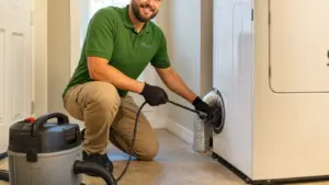 HVAC technician performing duct cleaning service in residential hallway.