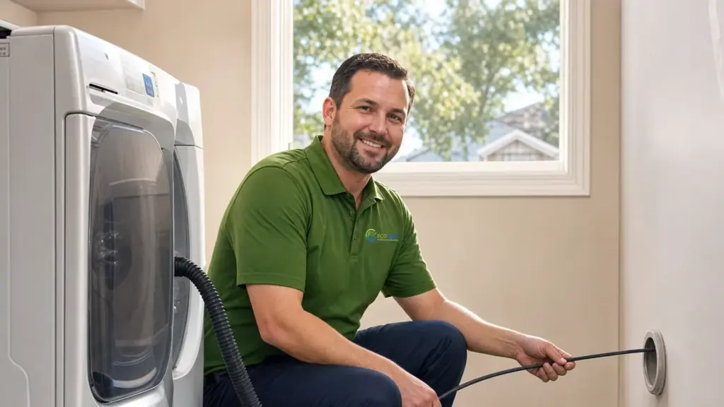 Technician performing dryer vent cleaning service in residential laundry room.