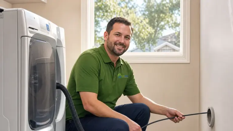 Technician performing dryer vent cleaning service in residential laundry room.