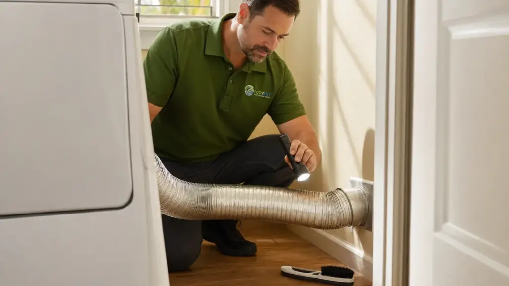 HVAC technician inspecting dryer vent ductwork with flashlight during home service.