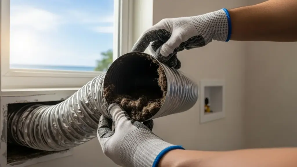 Worker removes lint-filled dryer vent duct during professional cleaning service.