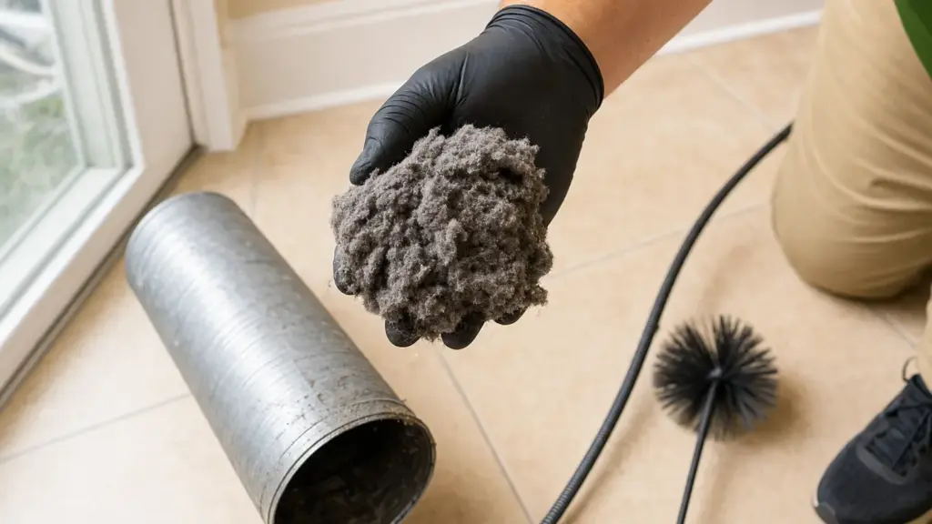 Technician holding lint and debris collected from dryer vent cleaning service.