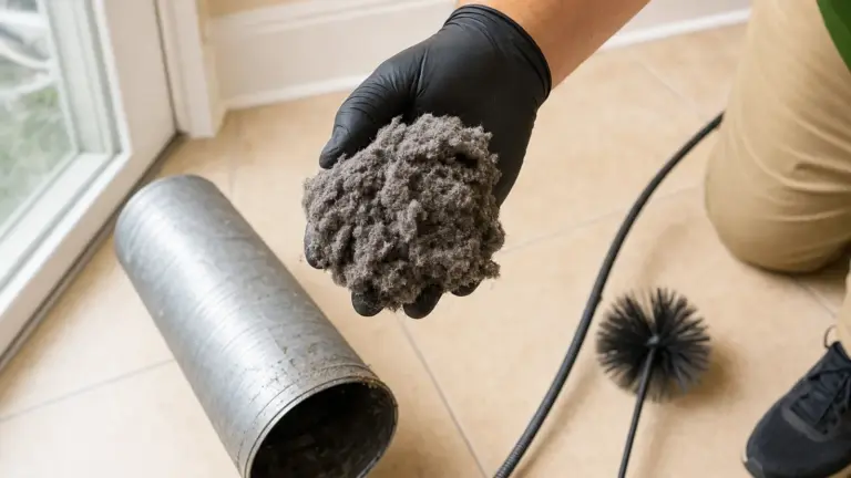 Technician holding lint and debris collected from dryer vent cleaning service.