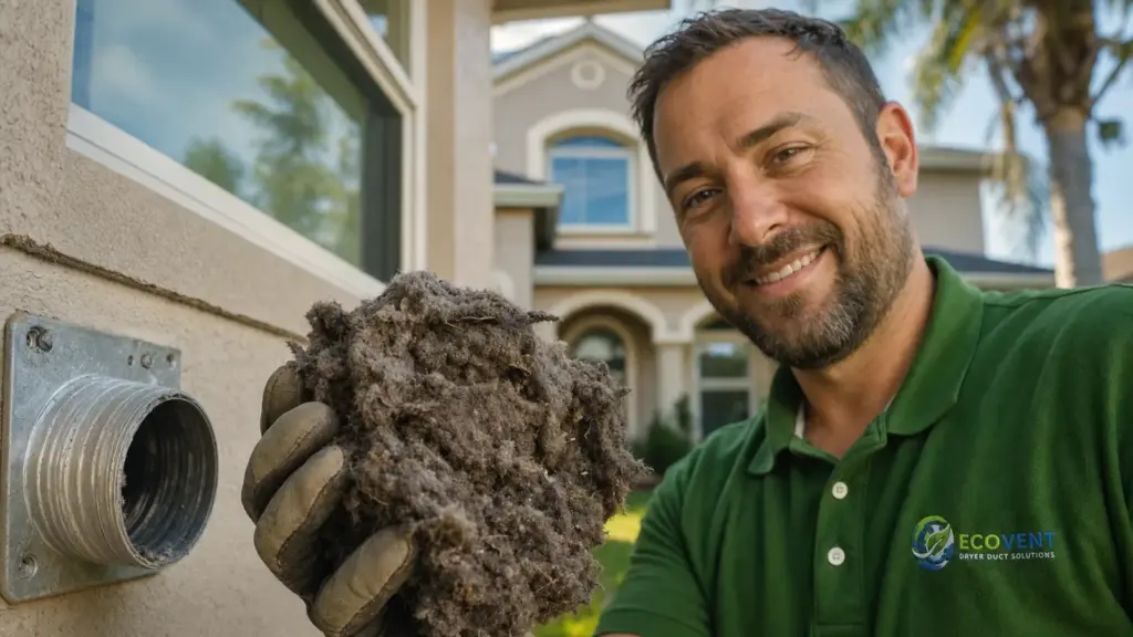 Technician holds lint-filled dryer vent lint trap during maintenance inspection.