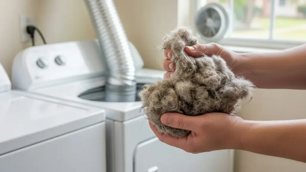 Person holding dryer lint collected from laundry appliance