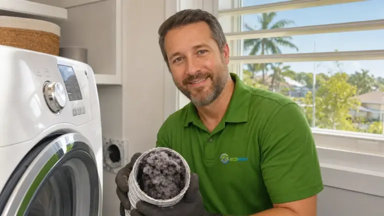 Technician displays lint trap from dryer cleaning service in modern laundry room