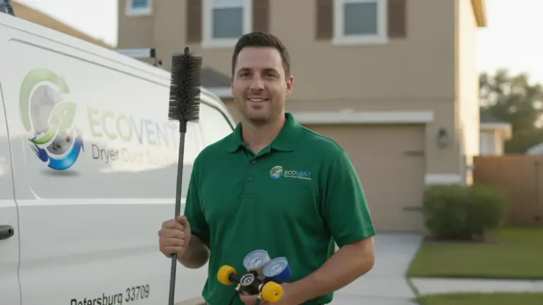 HVAC technician in green uniform holding diagnostic tools outside residential home with service van.