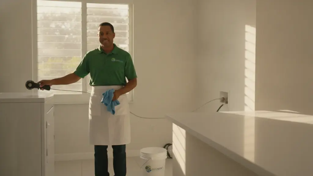 Professional cleaner in green uniform applying treatment to kitchen countertop with spray equipment.