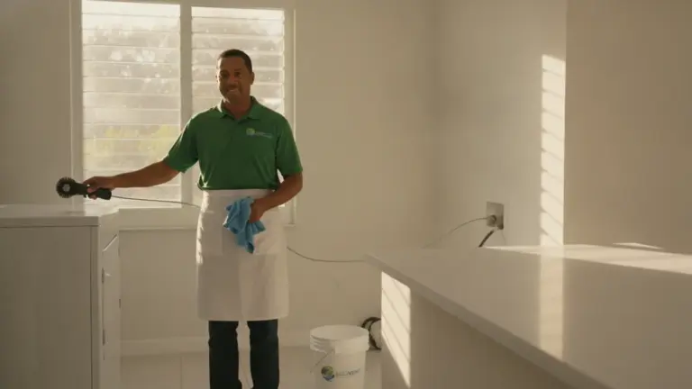 Professional cleaner in green uniform applying treatment to kitchen countertop with spray equipment.