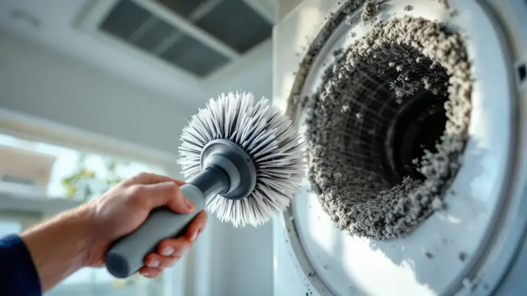 a technician's hand using a professional rotary brush to clear thick, grey lint from a rigid metal dryer vent pipe insid