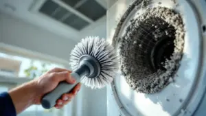 a technician's hand using a professional rotary brush to clear thick, grey lint from a rigid metal dryer vent pipe insid