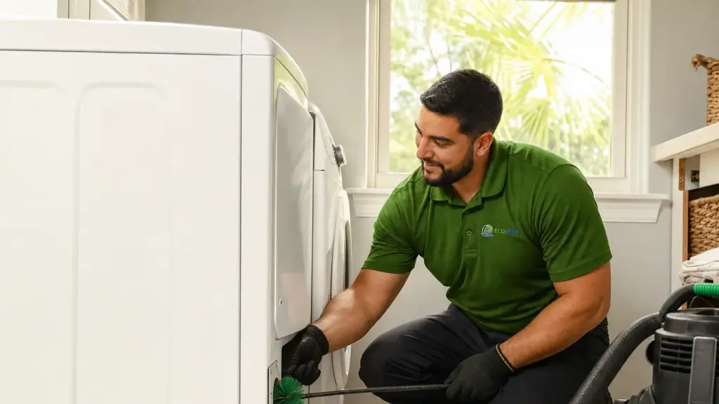 HVAC technician inspecting a heat pump unit during residential maintenance.