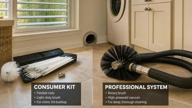 Comparison of consumer dryer vent cleaning kit versus professional rotary brush system.