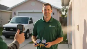 HVAC technician displays refrigerant gauges outside residential home with service van.