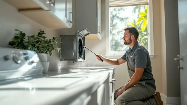 Technician inspecting heat pump system in modern laundry room with natural light.