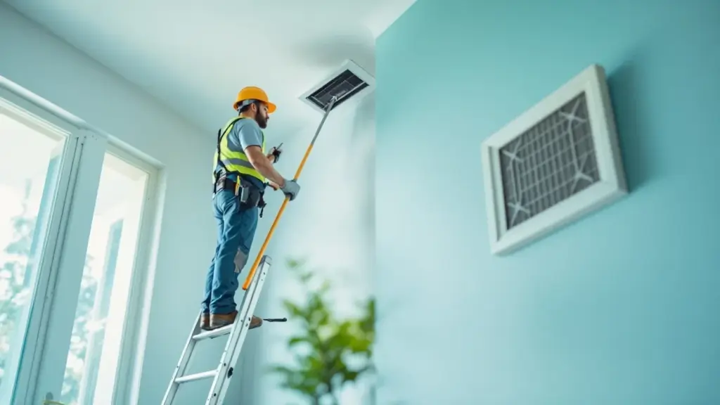 Electrician installing solar light fixture on ceiling in modern turquoise room.