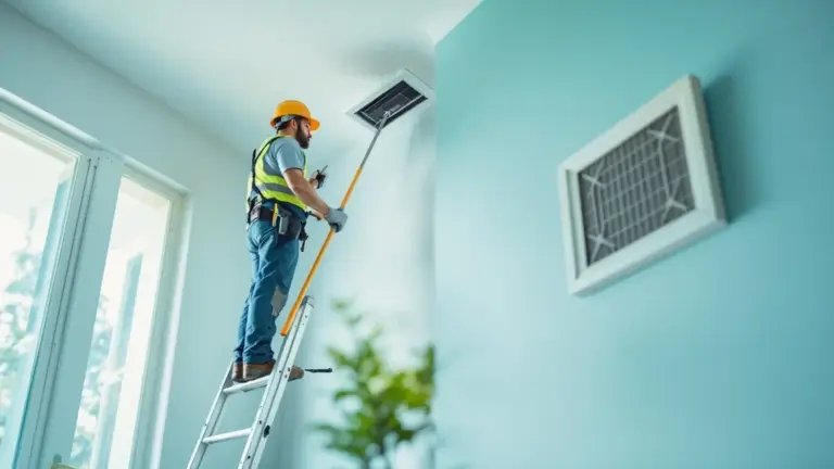 Electrician installing solar light fixture on ceiling in modern turquoise room.