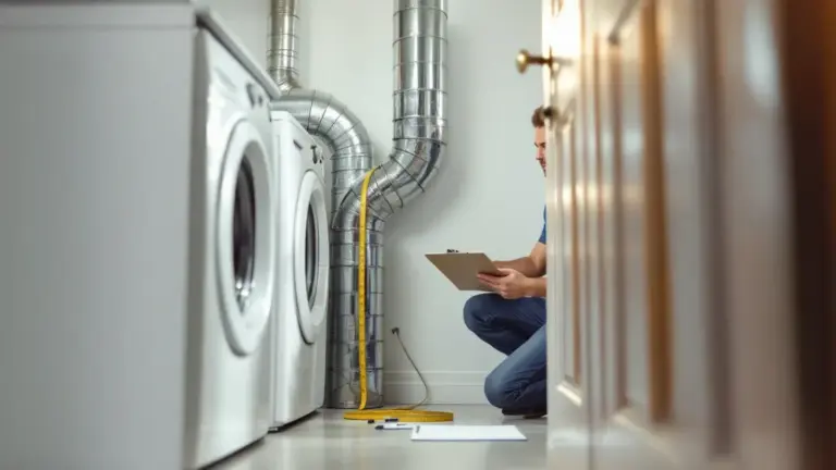 Technician inspects dryer vent system during home appliance maintenance inspection.