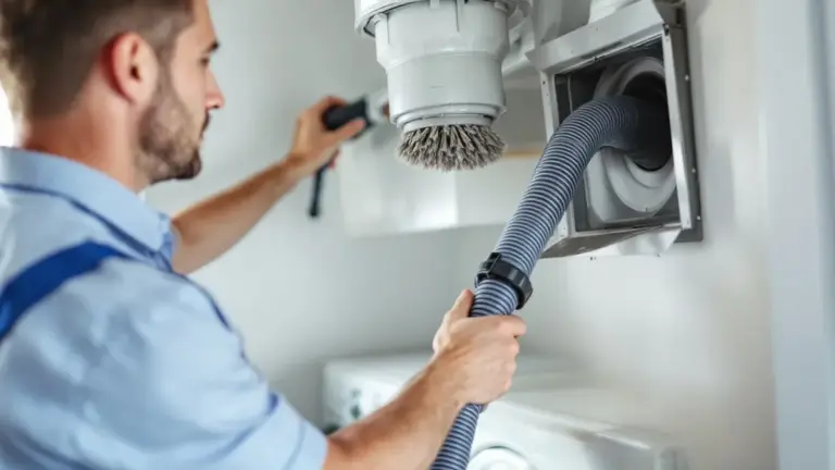 HVAC technician installing dryer vent ductwork on residential wall