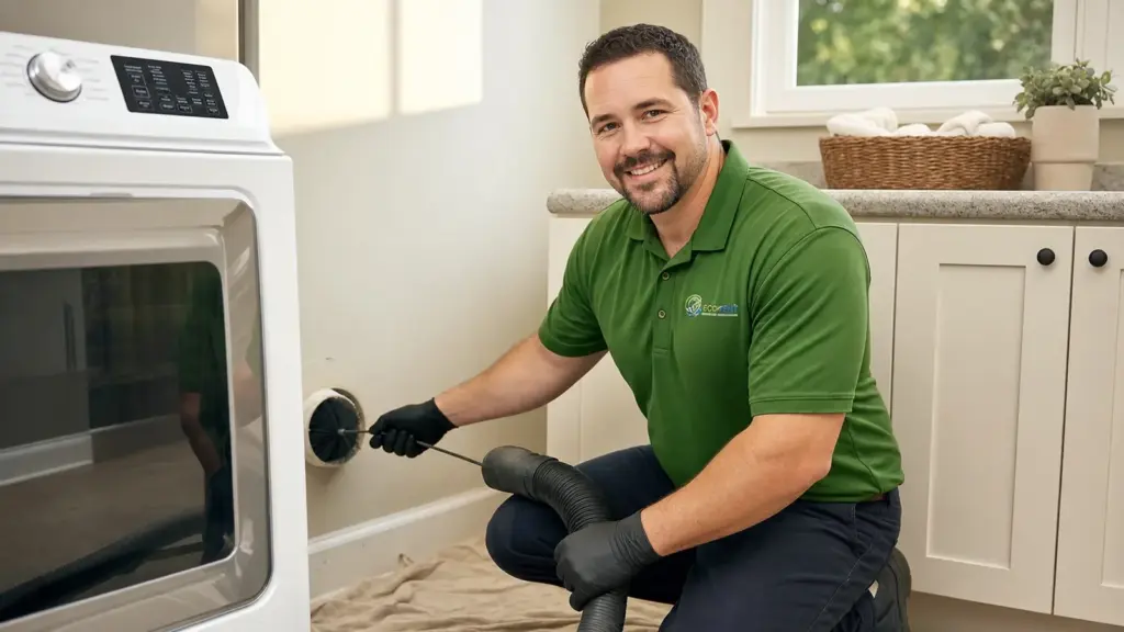 Technician performing dryer vent cleaning and maintenance service