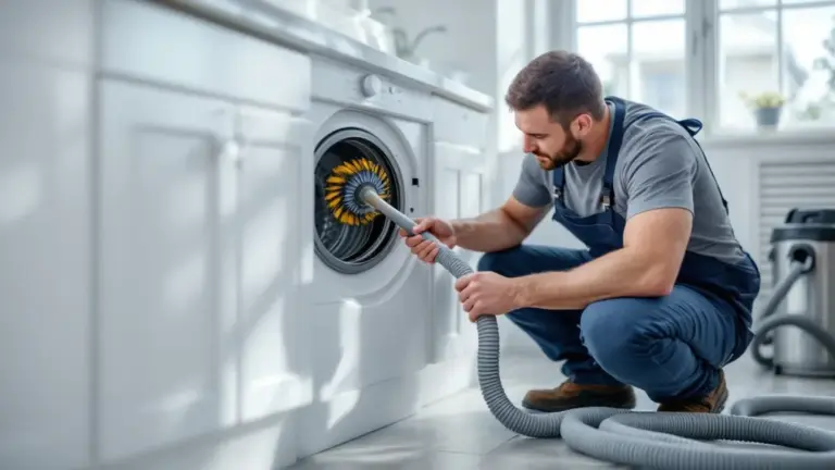 Technician cleaning dryer vent hose with brush during appliance maintenance service.