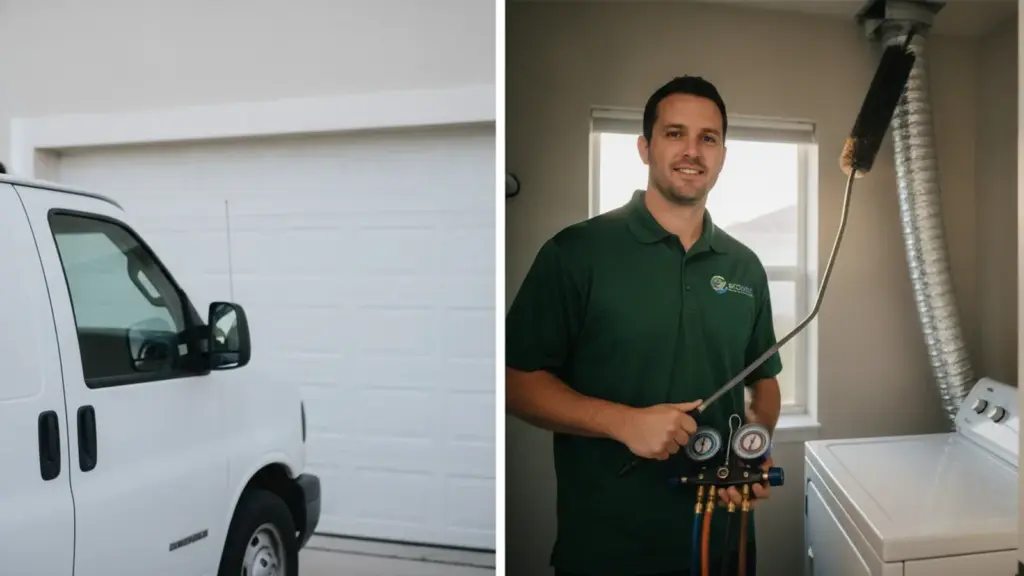 HVAC technician holds refrigerant manifold gauges during residential service call.