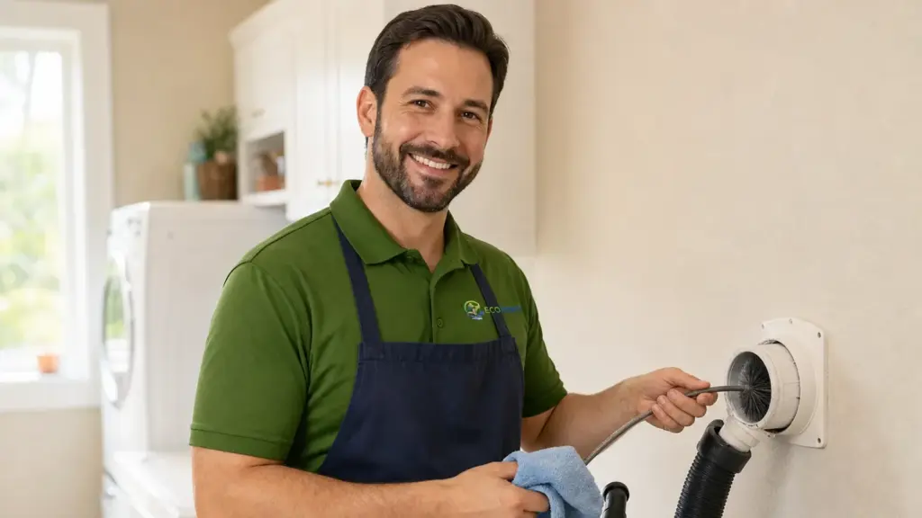 HVAC technician smiling while servicing an indoor vent unit in a residential home.