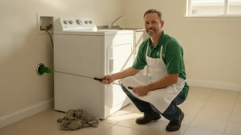 Service professional demonstrates dryer vent cleaning in a residential laundry room.