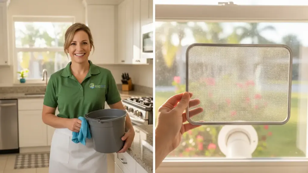 Professional cleaning service representative holding supplies in modern kitchen