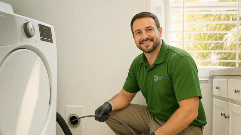HVAC technician services dryer vent cleaning with professional equipment.