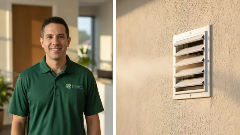 HVAC technician in green uniform poses alongside residential louver vent installation.