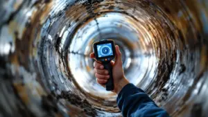 A close-up photograph of a professional technician's hand using a high-resolution inspection camera inside a damp, rust-