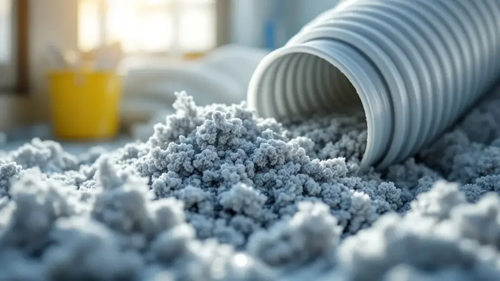 Gray powder spills from a white ribbed bucket onto a work surface in an industrial setting.
