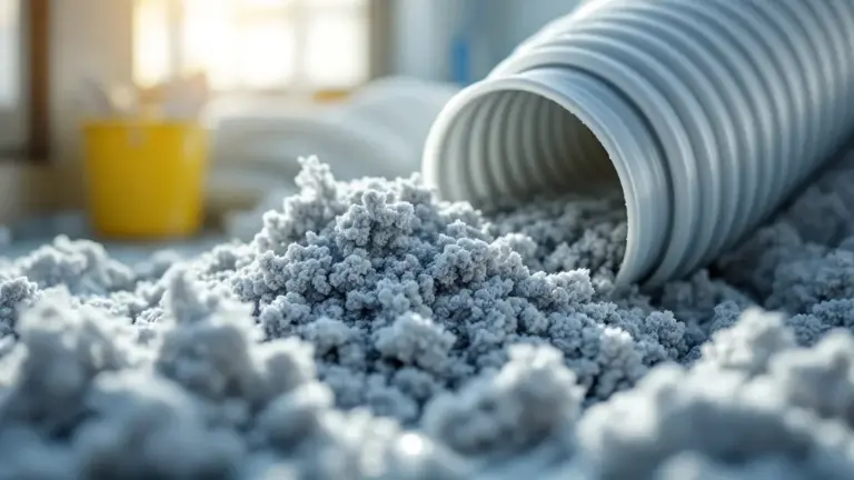 Gray powder spills from a white ribbed bucket onto a work surface in an industrial setting.