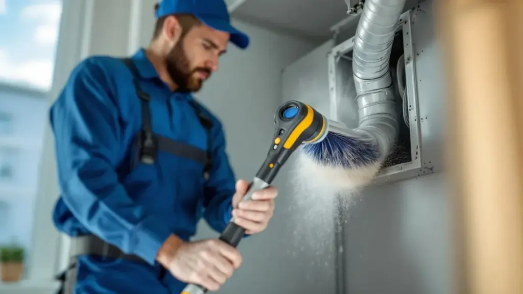 A close-up photograph of a professional technician in a blue uniform using a rotary brush system to clean a dusty dryer