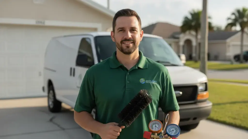 HVAC technician holding diagnostic tools in front of service vehicles and residential home.