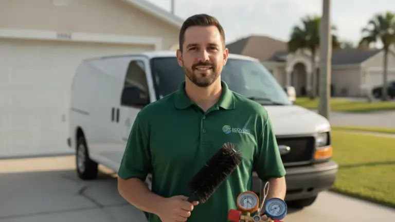 HVAC technician holding diagnostic tools in front of service vehicles and residential home.