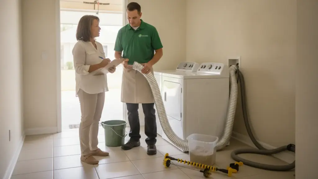 Service technician discusses dryer vent cleaning with homeowner in laundry room.